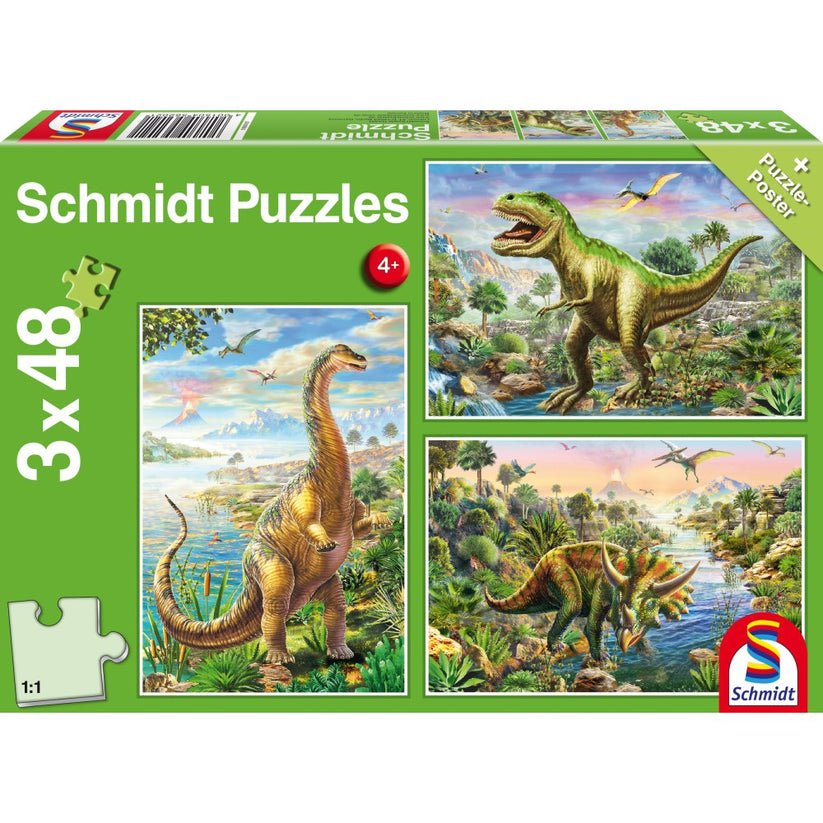 Puzzle Schmidt: Aventurile dinozaurilor, Set de 3 x 48 piese + Cadou: poster, Schmidt - Publisol.ro