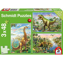 Puzzle Schmidt: Aventurile dinozaurilor, Set de 3 x 48 piese + Cadou: poster, Schmidt - Publisol.ro