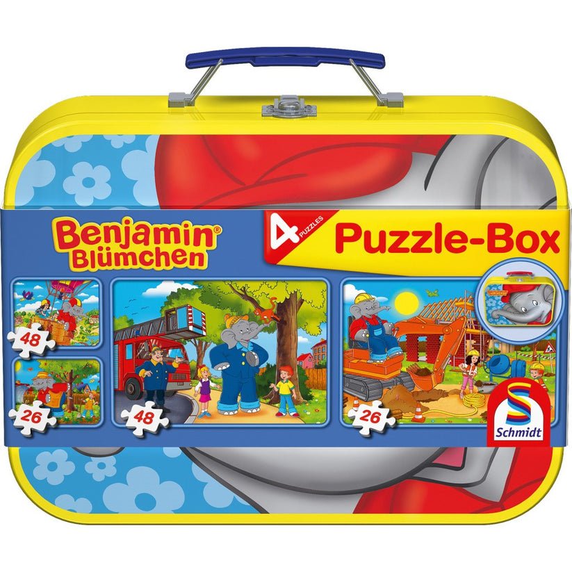 Puzzle Schmidt: Benjamin Blümchen - Elefantul Benjamin, Set de 2 x 26 piese si 2 x 48 piese + Bonus: cufar metalic, Schmidt - Publisol.ro