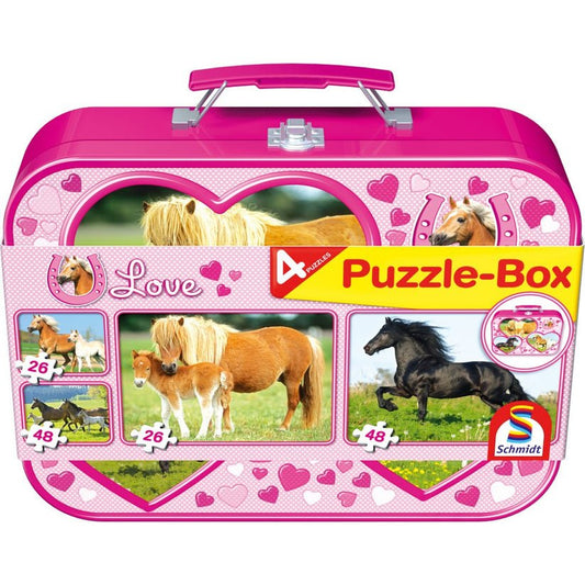 Puzzle Schmidt: Cai, Set de 2 x 26 piese si 2 x 48 piese + Bonus: cufar metalic, Schmidt - Publisol.ro