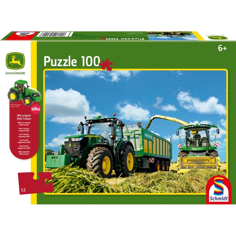 Puzzle Schmidt: John Deere - Tractor 7310R si combina de recoltat 8600i, 100 piese + Cadou: macheta Siku, Schmidt - Publisol.ro