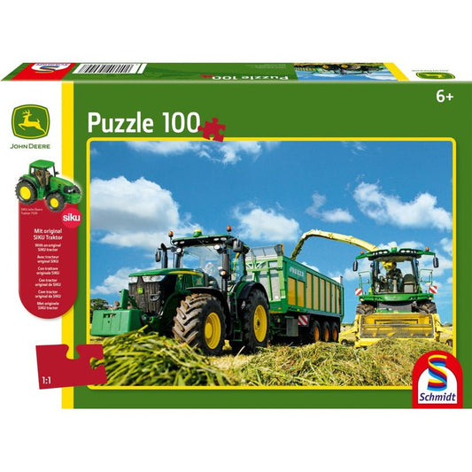 Puzzle Schmidt: John Deere - Tractor 7310R si combina de recoltat 8600i, 100 piese + Cadou: macheta Siku, Schmidt - Publisol.ro