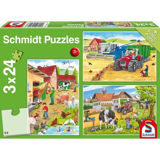 Puzzle Schmidt: La ferma, Set de 3 x 24 piese + Cadou: poster, Schmidt - Publisol.ro
