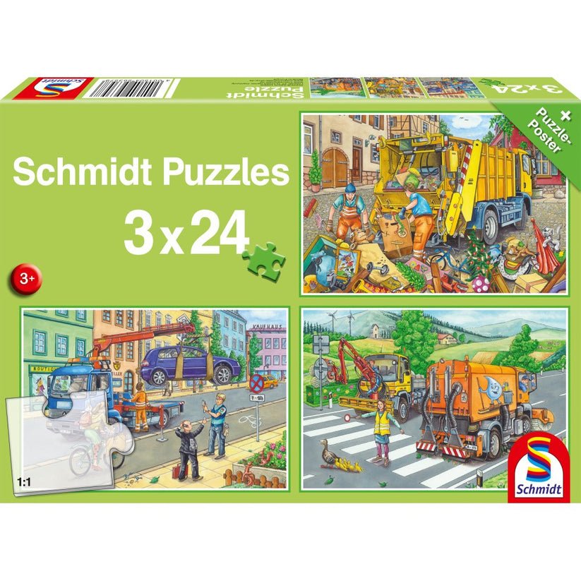 Puzzle Schmidt: Masina gunoi, remorcher si maturator, Set de 3 x 24 piese + Cadou: poster, Schmidt - Publisol.ro