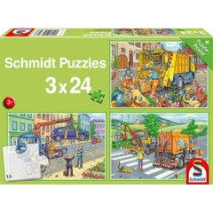 Puzzle Schmidt: Masina gunoi, remorcher si maturator, Set de 3 x 24 piese + Cadou: poster, Schmidt - Publisol.ro