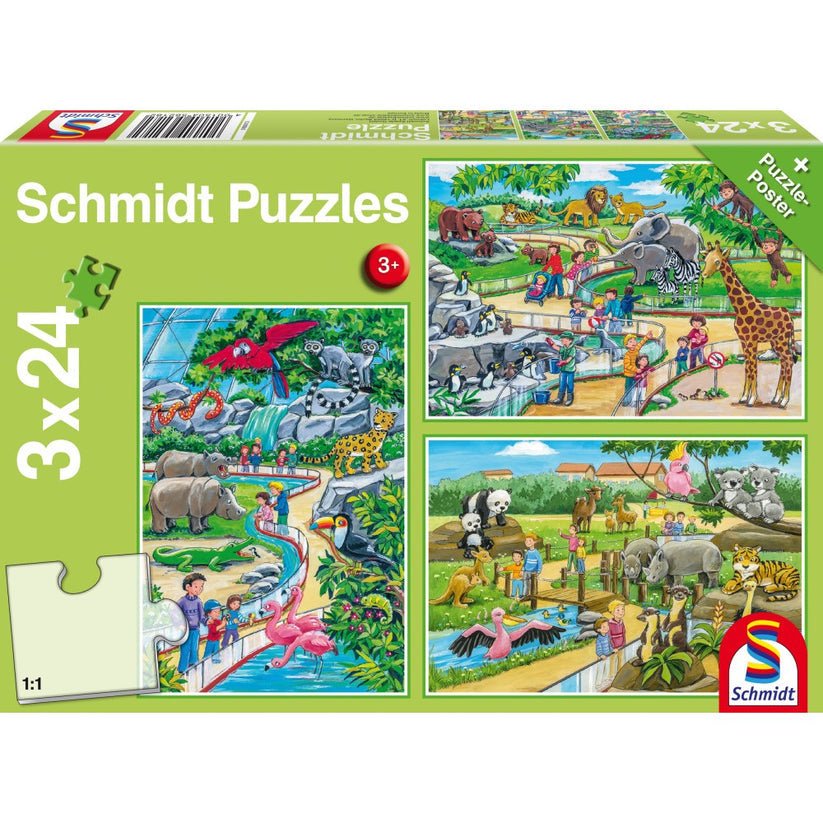 Puzzle Schmidt: O zi la gradina zoologica, Set de 3 x 24 piese + Cadou: poster, Schmidt - Publisol.ro