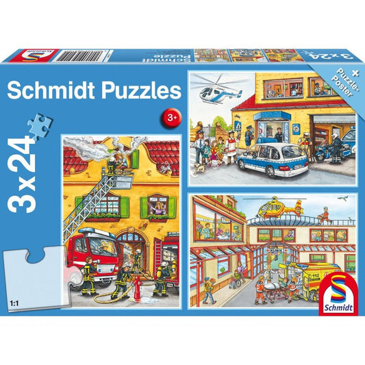 Puzzle Schmidt: Pompierii si politia, Set de 3 x 24 piese + Cadou: poster, Schmidt - Publisol.ro