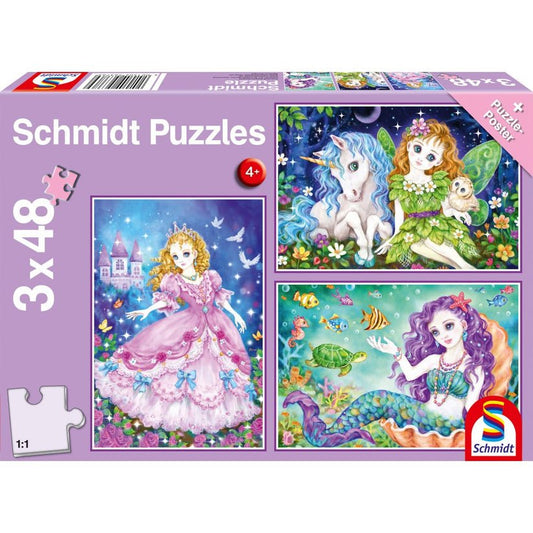Puzzle Schmidt: Printesa, zana si sirena, Set de 3 x 48 piese + Cadou: poster, Schmidt - Publisol.ro