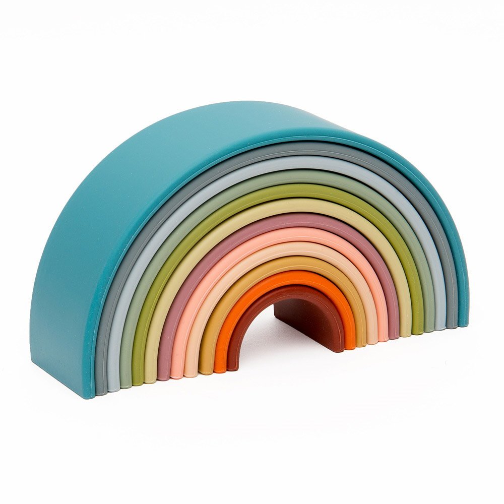 Rainbow, joc montessori de stivuire, 12 buc, nature, Dena Toys - Publisol.ro