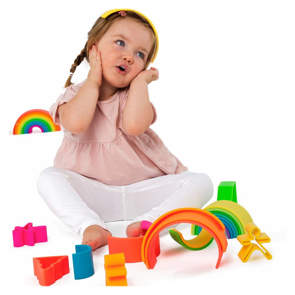 Rainbow, joc montessori de stivuire, 12 buc, neon, Dena Toys - Publisol.ro