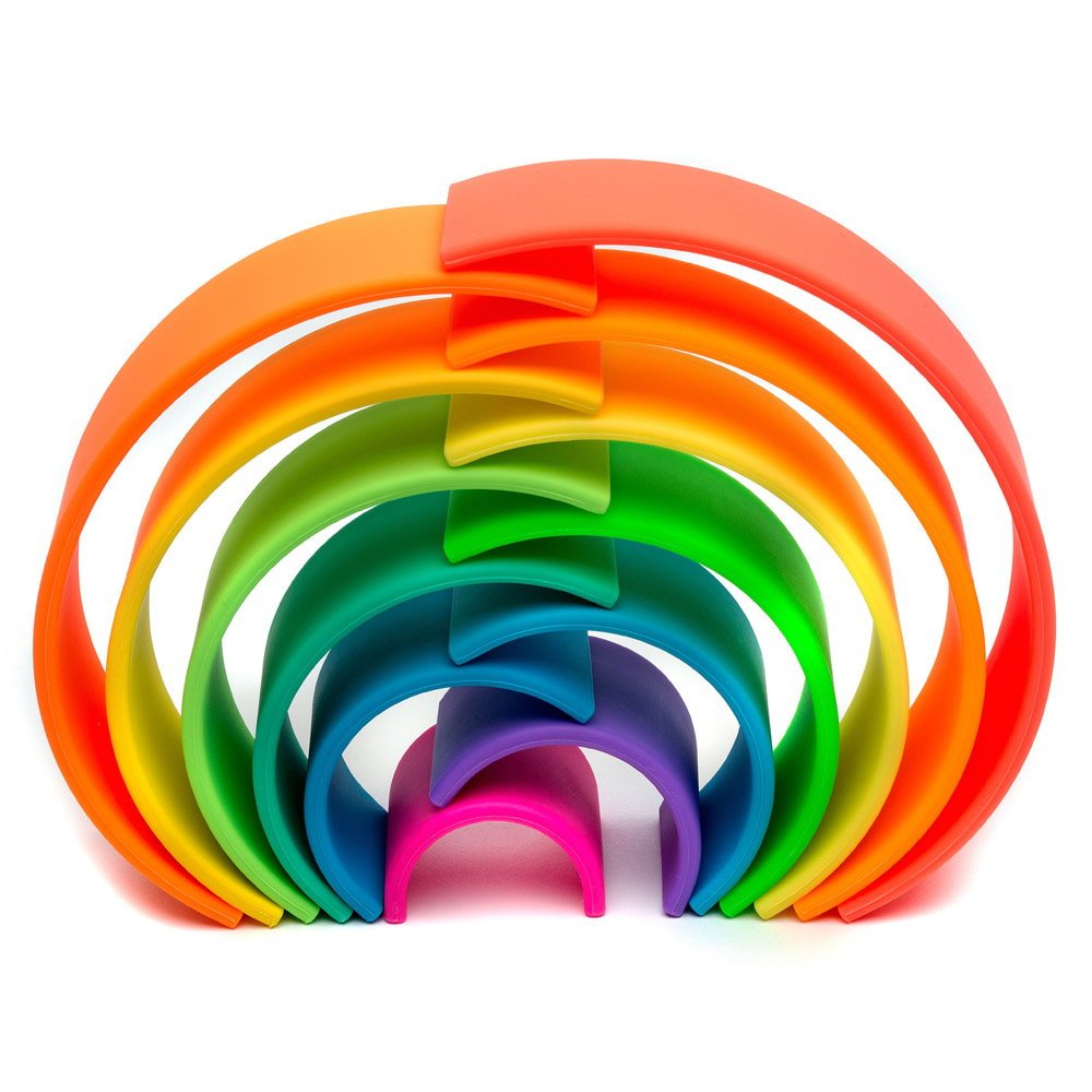 Rainbow, joc montessori de stivuire, 12 buc, neon, Dena Toys - Publisol.ro