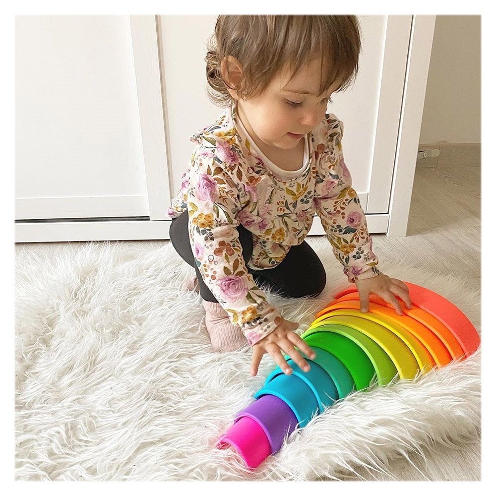 Rainbow, joc montessori de stivuire, 12 buc, neon, Dena Toys - Publisol.ro