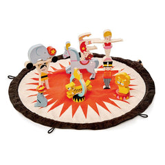 Sacul cu povesti de la circ, din lemn premium - Circus Stacker - 16 piese, contine o plansa din material textil - Tender Leaf Toys - Publisol.ro