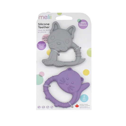 Set 2 jucarii dentitie silicon melii model bulldog + pisica, Melii - Publisol.ro
