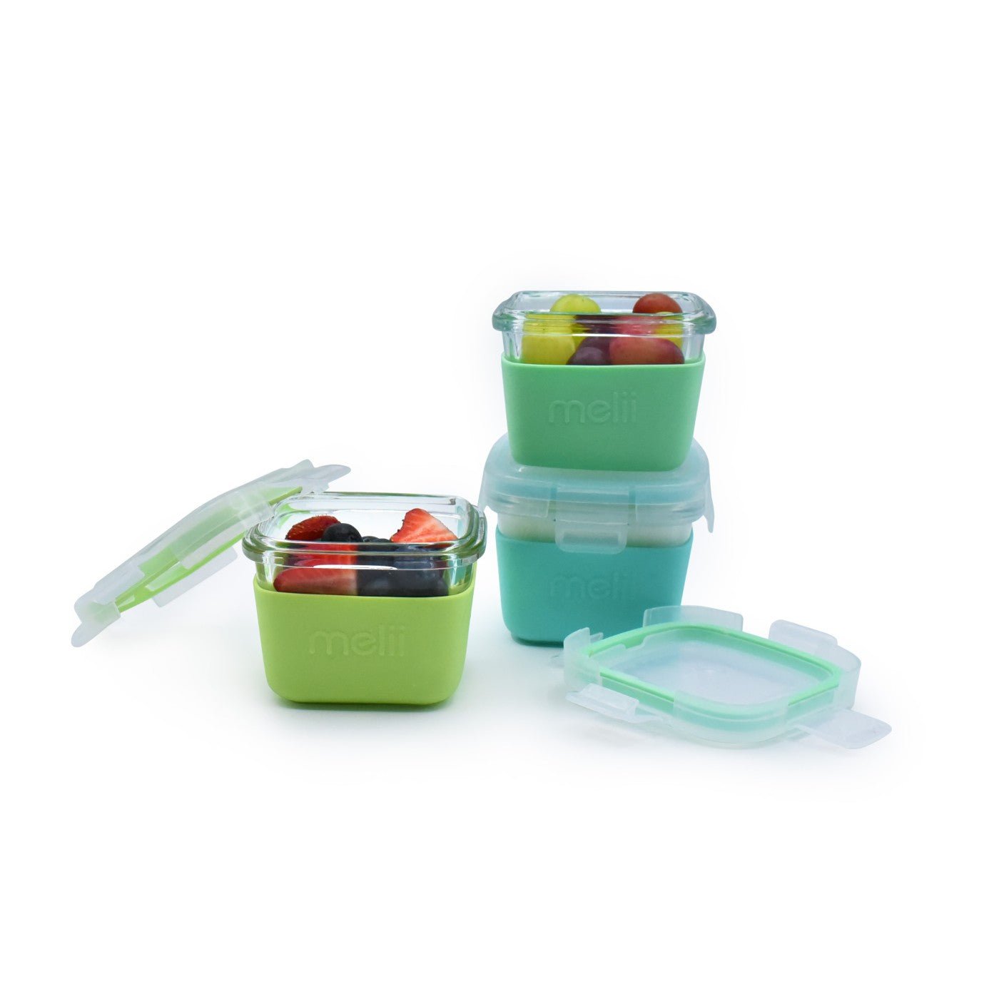 Set 3 recipiente sticla 3 160ml cu husa antiderapanta silicon melii blue mint lime, Melii - Publisol.ro
