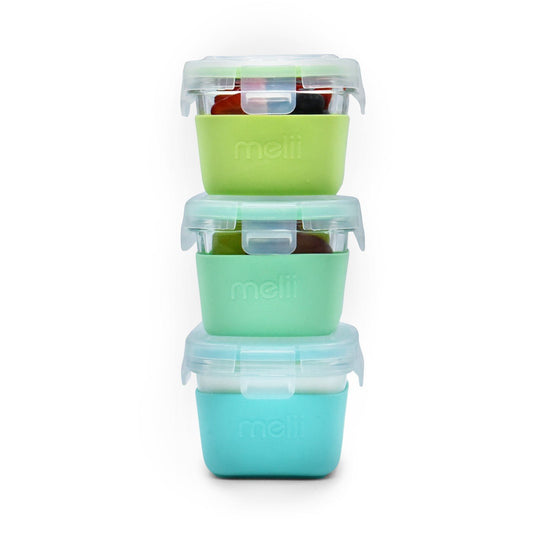 Set 3 recipiente sticla 3 160ml cu husa antiderapanta silicon melii blue mint lime, Melii - Publisol.ro