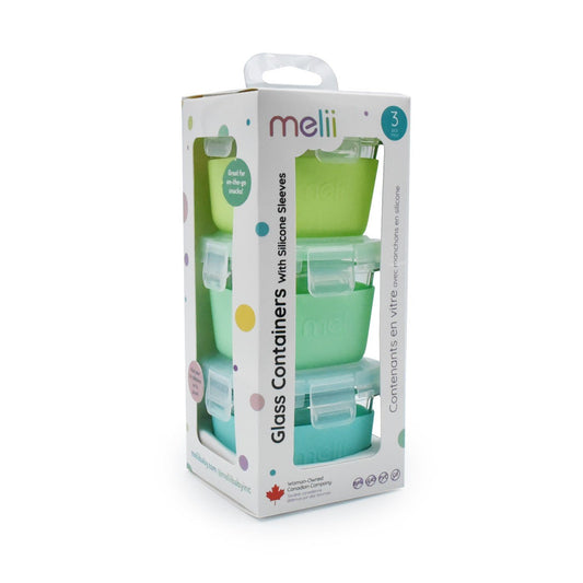 Set 3 recipiente sticla 3 160ml cu husa antiderapanta silicon melii blue mint lime, Melii - Publisol.ro