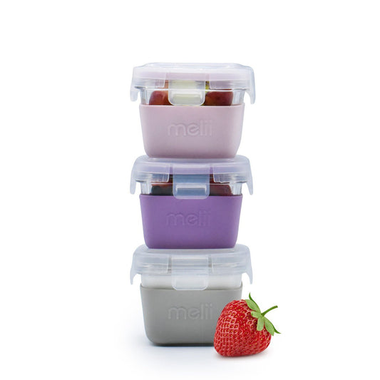 Set 3 recipiente sticla 3 160ml cu husa antiderapanta silicon melii roz mov gri, Melii - Publisol.ro