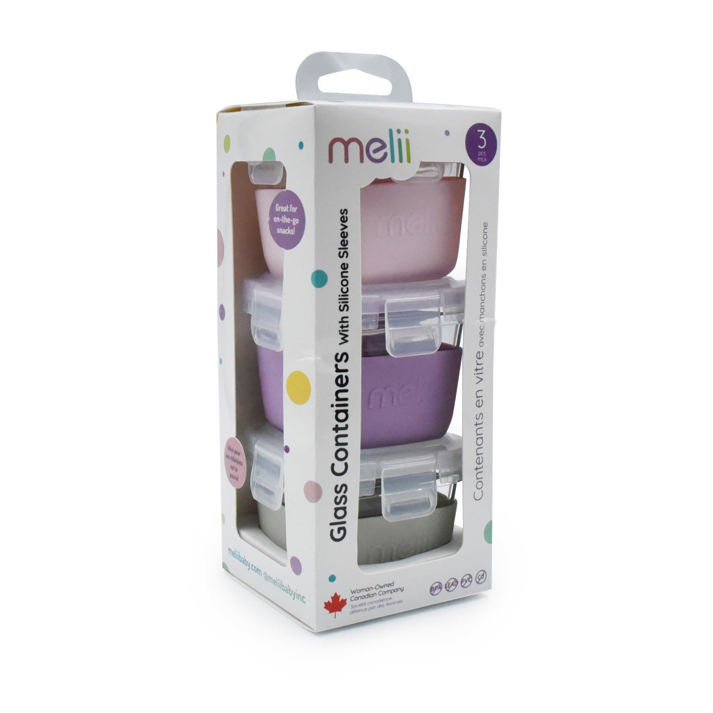 Set 3 recipiente sticla 3 160ml cu husa antiderapanta silicon melii roz mov gri, Melii - Publisol.ro