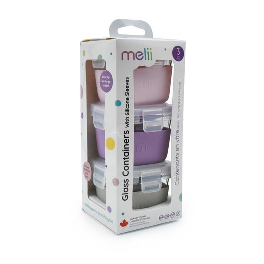 Set 3 recipiente sticla 3 160ml cu husa antiderapanta silicon melii roz mov gri, Melii - Publisol.ro
