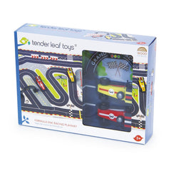 Set Circuit Formula 1, din lemn premium - Formula One Racing Playmat - 12 piese, contine o plansa din material textil - Tender Leaf Toys - Publisol.ro