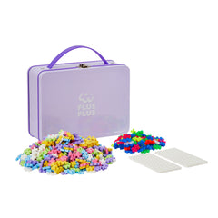 Set constructie Plus - Plus, 600 piese, portabil, in cutie metalica, culori pastelate - Plus Plus - Publisol.ro