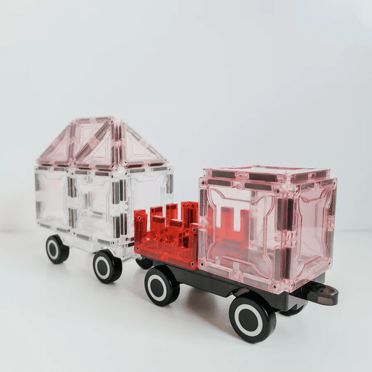 Set magnetic Magblox - 2 sasiuri magnetice accesorii pentru constructie cu roti de lemn - Magblox - Publisol.ro