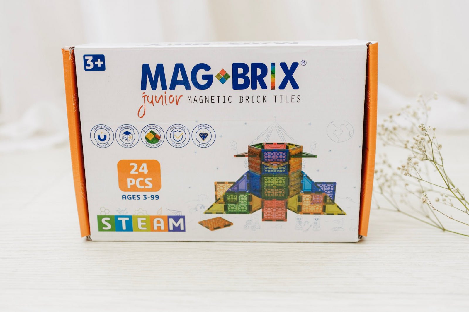 Set magnetic Magbrix Junior 24 piese patrate - compatibil cu caramizi de constructie tip Lego Duplo - Magblox - Publisol.ro