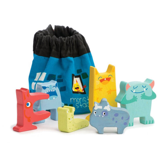 Set monstruletii din saculet, din lemn premium - Monster Stacker - 7 piese - Tender Leaf Toys - Publisol.ro