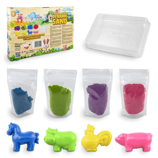 Set Nisip Kinetic 4 culori cu accesorii - Ferma - Tuban - Publisol.ro
