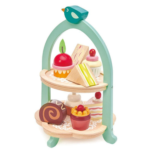 Stand pentru prajituri, din lemn premium - Mini Chef Birdie Afternoon Tea - 9 piese - Tender Leaf Toys - Publisol.ro