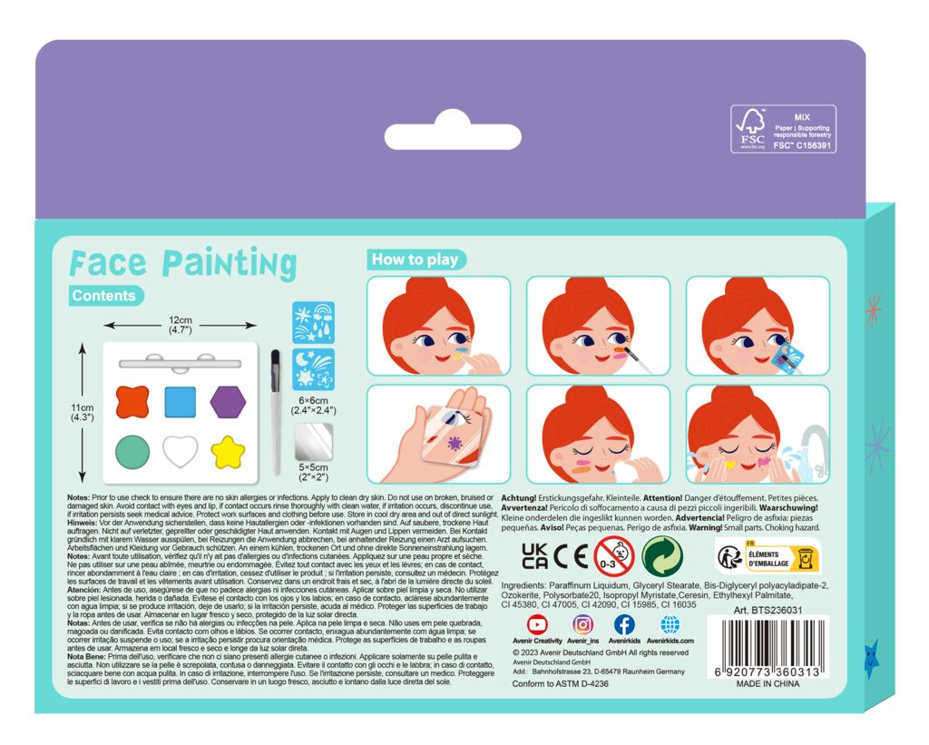 Trusa make - up pictura fata cu sabloane incluse - sase culori non - alergice - curcubeu si stele - Avenir - Publisol.ro