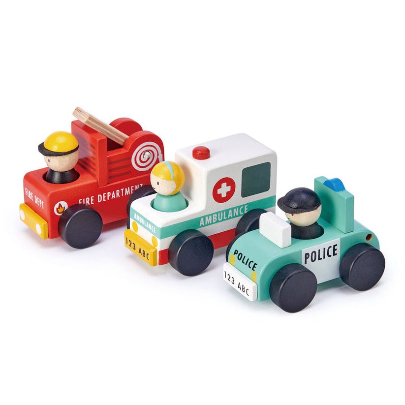 Vehicule de salvare cu figurine, din lemn premium - Emergency Vehicles - Tender Leaf Toys - Publisol.ro