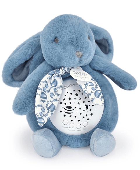 Veioza muzicala cu proiectie, iepuras pufos, 19 cm, albastru - Doudou et Compagnie - Publisol.ro