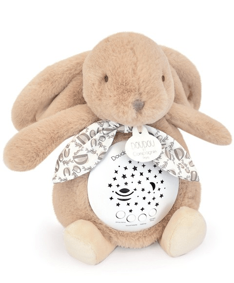 Veioza muzicala cu proiectie, iepuras pufos, 19 cm, bej deschis - Doudou et Compagnie - Publisol.ro
