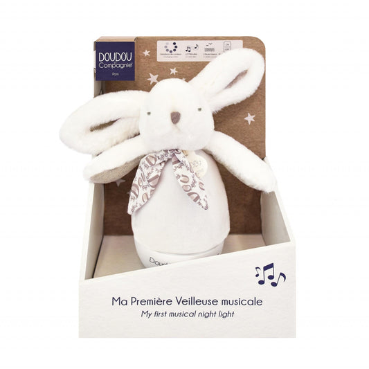 Veioza muzicala iepuras pufos, 16 cm, alb - Doudou et Compagnie - Publisol.ro