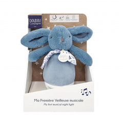 Veioza muzicala iepuras pufos, 16 cm, albastru - Doudou et Compagnie - Publisol.ro