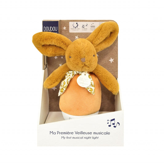 Veioza muzicala iepuras pufos, 16 cm, portocaliu - Doudou et Compagnie - Publisol.ro