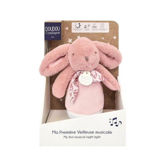 Veioza muzicala iepuras pufos, 16 cm, roz - Doudou et Compagnie - Publisol.ro